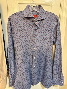ISAIA Napoli Blue Floral Print 100% Cotton Italian Luxury Dress Shirt Size 39